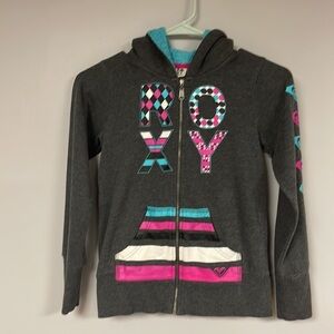 Super Cute Roxy Girl Graphic Hoodie Sweatshirt, Gray Pink fleece inside hood, M